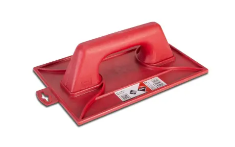 Herramienta roja de plástico con mango, ideal para trabajos de albañilería. Muestra la diferencia entre llana y talocha.