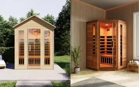 Cabine per saune a infrarossi: una all'esterno, in legno chiaro, e una all'interno, angolare, con illuminazione calda.