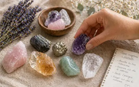 Mano sceglie un cristallo viola, circondato da quarzi di vari colori e lavanda. Il quarzo ha un profondo significato spirituale.