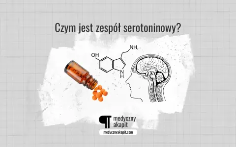 Pigułki wypadające z buteleczki, wzór chemiczny serotoniny i przekrój mózgu – wszystko to ilustruje, czym jest zespół serotoninowy.