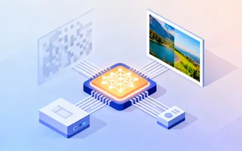Procesamiento de datos para poner fondo negro a una foto. Un chip de IA procesa información de un código QR y genera una imagen con paisajes.
