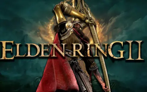 Un guerrero con armadura dorada y capa roja levanta un arma imponente. El título "ELDEN RING II" se cierne sobre la escena, sugiriendo una nueva aventura épica.