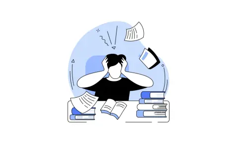 Überforderter Student mit Büchern und Papieren, der versucht, sein Englisch zu verbessern.