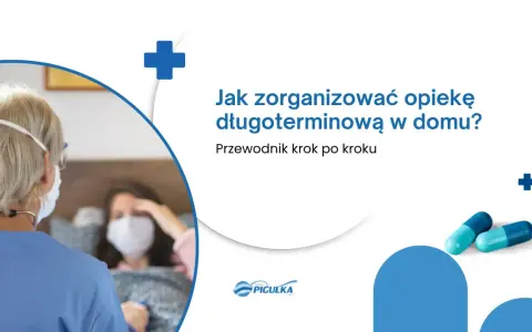 Przewodnik po organizacji opieki długoterminowej w domu. Pielęgniarka w masce pochyla się nad pacjentką w łóżku.