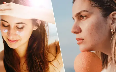Visage protégé du soleil avec crème, puis profil avec acné et taches, une cicatrice soleil peut apparaître sans protection.