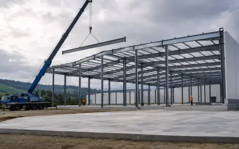 Grúa instala viga en estructura metálica de nave industrial. El diseño de naves industriales avanza con la colocación de elementos clave.