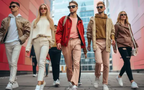 Grupa młodych ludzi w modnych stylizacjach, każdy prezentuje swój unikalny outfit.