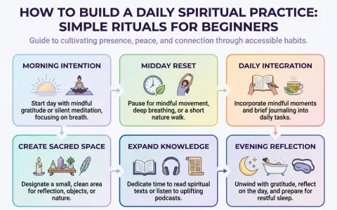 A guide on how to do a ritual for beginners, featuring morning intention, midday reset, daily integration, creating sacred space, expanding knowledge, and evening reflection.