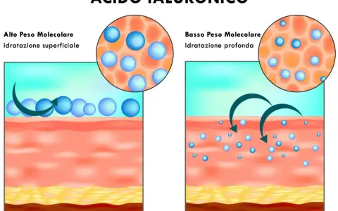 Acido ialuronico: alto peso molecolare per idratazione superficiale, basso peso molecolare per idratazione profonda.