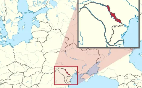 Mapa Europy Wschodniej z zaznaczonym obszarem Transnistrii. Powiększony fragment pokazuje dokładne położenie tego regionu.