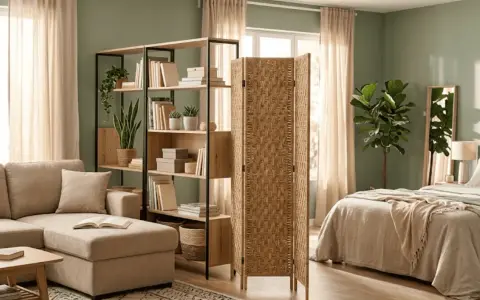Un dormitorio integrado en el salón, con un sofá, estanterías y una cama separada por un biombo de fibras naturales.
