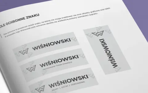 Logo Wiśniowski w kontrze, prezentujące różne warianty i zastosowania znaku.