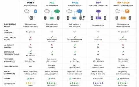 Porównanie MHEV, HEV, PHEV, BEV i REX/EREV: kluczowe różnice w napędzie, zasięgu i spalaniu.