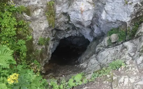 Wejście do Smoczej Jamy w Tatrach, otoczone zielenią i skałami. Ciemny otwór zaprasza do tajemniczego wnętrza.