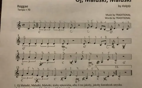 Muzyka "Oj, Maluśki, Maluśki" w rytmie reggae, jakby z dawnych lat w Ameryce. Tempo 70.