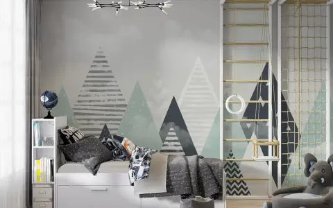Habitación infantil con pared que simula pintar montañas, cama, estantería y zona de juegos con columpio.
