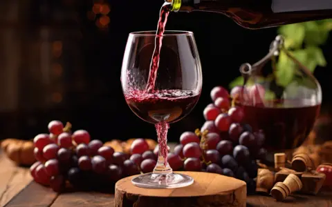 Czerwone wino nalewane do kieliszka, obok kiście winogron. Idealne na domowy przepis na wino z winogron 10l.