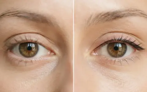 Avant/après : un œil sans maquillage et un œil avec un trait d'eye-liner fin, évoquant le maquillage permanent cils.