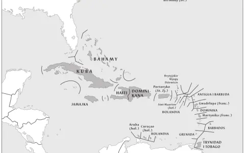 Mapa Karaibów, gdzie leżą m.in. Kuba, Bahamy, Jamajka, Haiti, Dominikana, Portoryko, Antigua i Barbuda, Gwadelupa, Martynika, Barbados, Trynidad i Tobago.