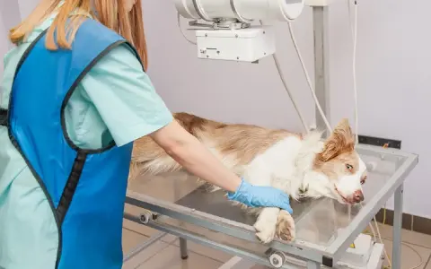 Vétérinaire examinant un chien pour un ostéosarcome. L'espérance de vie d'un chien atteint de cette maladie dépend du stade et du traitement.