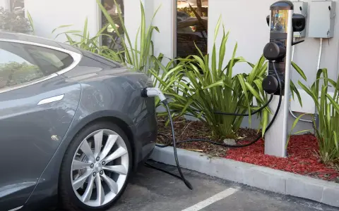 Coche eléctrico gris cargando en uno de los cargadores públicos. La estación tiene dos puntos de carga y está rodeada de vegetación.