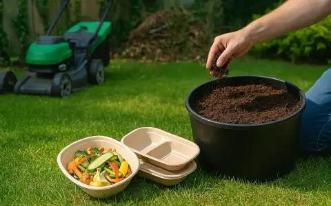 Persona añade tierra a un compostador al aire libre. Hay restos de comida y un cortacésped en el jardín.