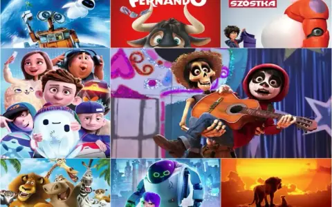 Kolaż z bohaterami WALL-E, Ferdynanda, Wielkiej Szóstki, Ronin, Coco, Madagaskaru, a także Króla Lwa. Te **stare bajki dla dzieci** to klasyka animacji.