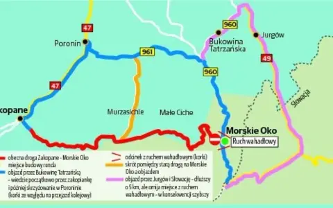 Mapa pokazuje, jak dojechać z Bukowiny Tatrzańskiej do Morskiego Oka. Dostępne są różne trasy, w tym objazdy i skróty.