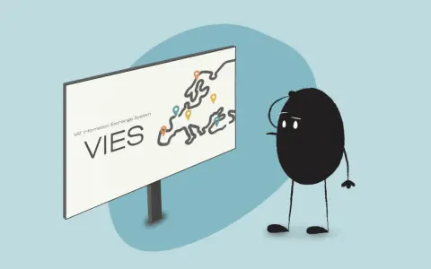 Un personaje negro mira un cartel que dice "VIES VAT Information Exchange System" y un mapa de Europa. ¿Qué es el VAT?