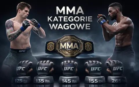 Dwóch zawodników MMA w pozycjach bojowych, pas mistrzowski UFC i rękawice z wagami: 125, 135, 145, 155, 265 lbs.