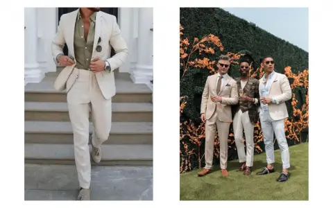 Men in light-colored suits showcase dressy casual wedding attire. One man wears a cream suit with a green shirt, while others sport tan suits and light trousers.