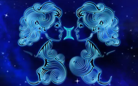 Dwie stylizowane głowy patrzą na siebie, symbolizując gemini znak zodiaku. Neonowe linie tworzą ich rysy na tle nocnego nieba.