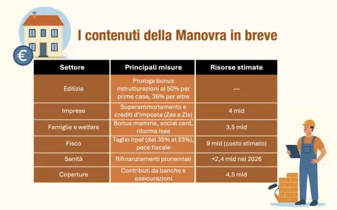 Tabella riassuntiva della nuova sanatoria: edilizia, imprese, famiglie, fisco, sanità e coperture con misure e risorse stimate.