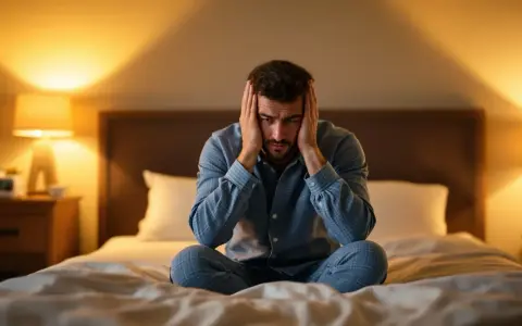 Uomo a letto con le mani sulle orecchie, sofferente per l'ansia da vicini rumorosi. La stanza è illuminata da luci soffuse.