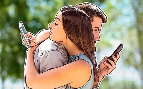 Para przytulająca się, ale każdy patrzy w swój telefon. Czy to miłość przez internet, czy po prostu brak uwagi?