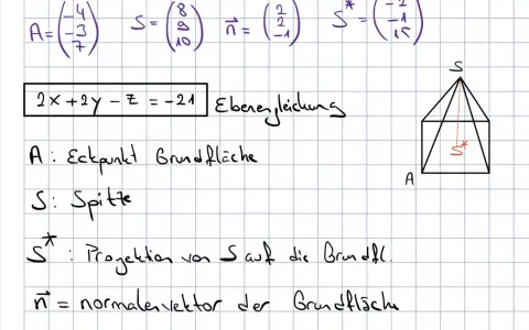 Vektoren und Ebenengleichung für eine Pyramide. Die volumen formel wird hier nicht gezeigt, aber die Elemente sind vorhanden.