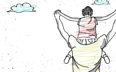 Un niño en hombros de su padre, un tierno dibujo para el día del padre, con nubes y salpicaduras.