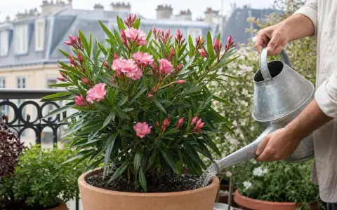 Un laurier rose en pleine floraison, arrosé par une main tenant un arrosoir. Un bon engrais pour laurier rose assure une telle beauté.