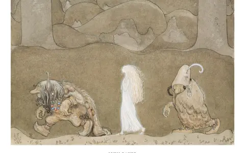 John Bauer namalował tę scenę z baśni: troll z naszyjnikiem i dziewczyna w bieli idą przez las.