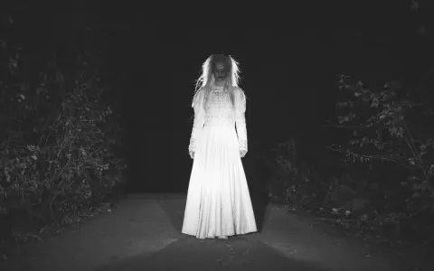 Una figura espectral con un vestido blanco aparece en un camino oscuro, perfecta para cuentos de terror cortos.