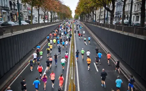 Stor grupp löpare i en stadsgata, många deltagare som springer maraton.