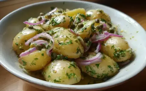 En skål med fransk potatissallad med små potatisar, rödlök, kapris och färska örter.