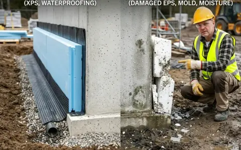 Prawidłowa izolacja płyty fundamentowej z XPS i hydroizolacją kontra uszkodzona, zawilgocona izolacja EPS.