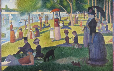 Niedzielne popołudnie na wyspie Grande Jatte. Ludzie odpoczywają nad wodą, bawią się psy, żagle łodzi kołyszą się na falach.