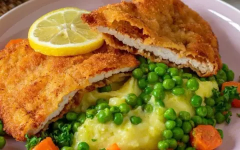 Pyszne schabowe z piekarnika, podane z puree ziemniaczanym, groszkiem i marchewką. Całość ozdobiona plasterkiem cytryny.