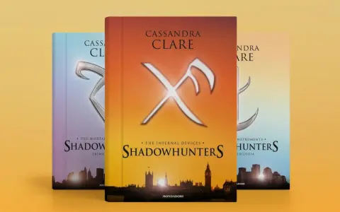 Tre copertine di libri Shadowhunters di Cassandra Clare, con silhouette di città e simboli runici.