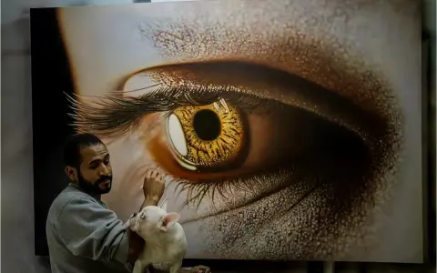 Un artiste achève une peinture hyperréaliste d'un œil doré, son bouledogue français curieux observant le processus créatif.