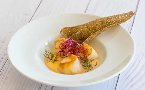 Saint-Jacques poêlées dans une sauce onctueuse, garnies de pousses rouges et d'aneth, accompagnées d'une tuile de sarrasin. Un délice de table à la française.