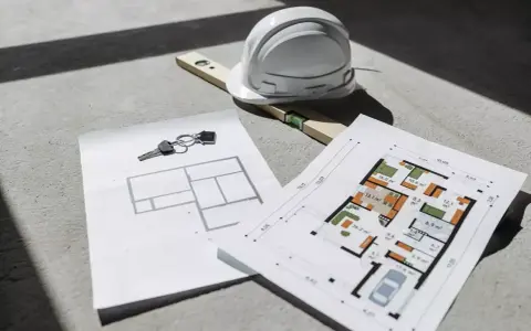 Clés, casque et niveau à bulle sur des plans d'architecte, un aperçu d'un projet de construction. Un plan architecte gratuit pour concrétiser vos rêves.