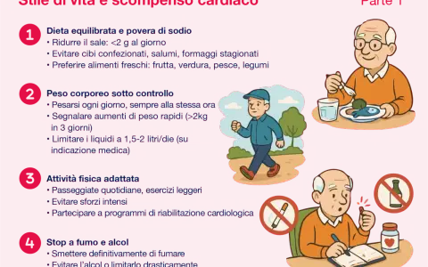 Anziani con cuore stanco seguono consigli per uno stile di vita sano: dieta, peso, attività fisica e stop a fumo/alcol.